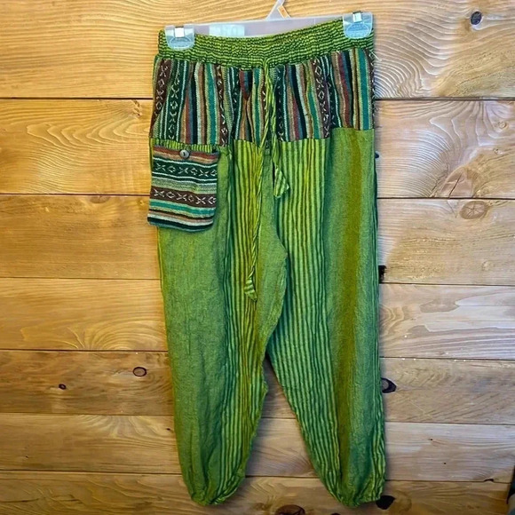 Vision of Tibet Womens pants joggers S/M green stretch waist boho cottagecore - Picture 1 of 9